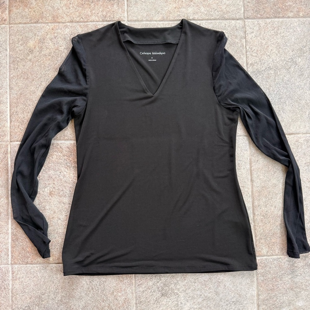 Catherine Malandrino Black V-Neck Mesh Long Sleeves Top